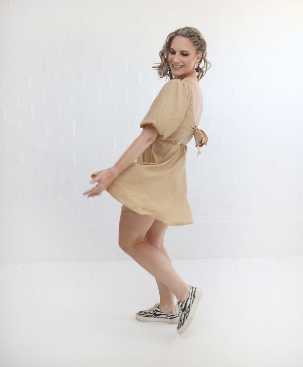 TAUPE OPEN BACK BABYDOLL DRESS