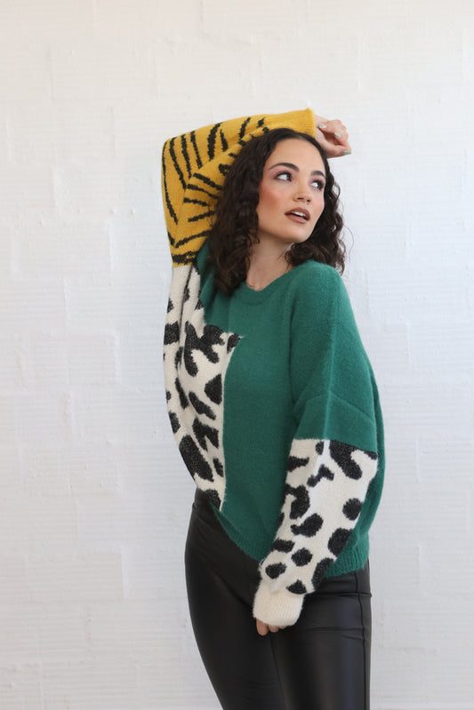 FOREST GREEN MIX ANIMAL PRINT KNIT