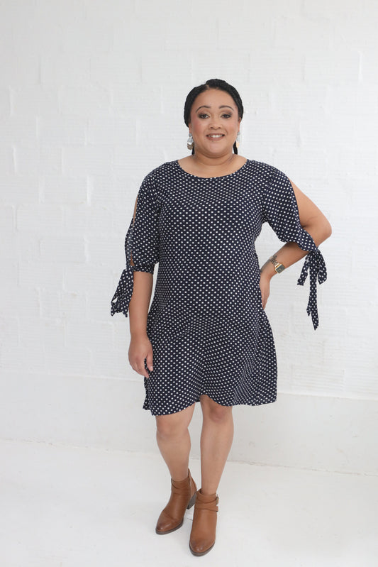 NAVY DOTTED OPEN ARM DRESS
