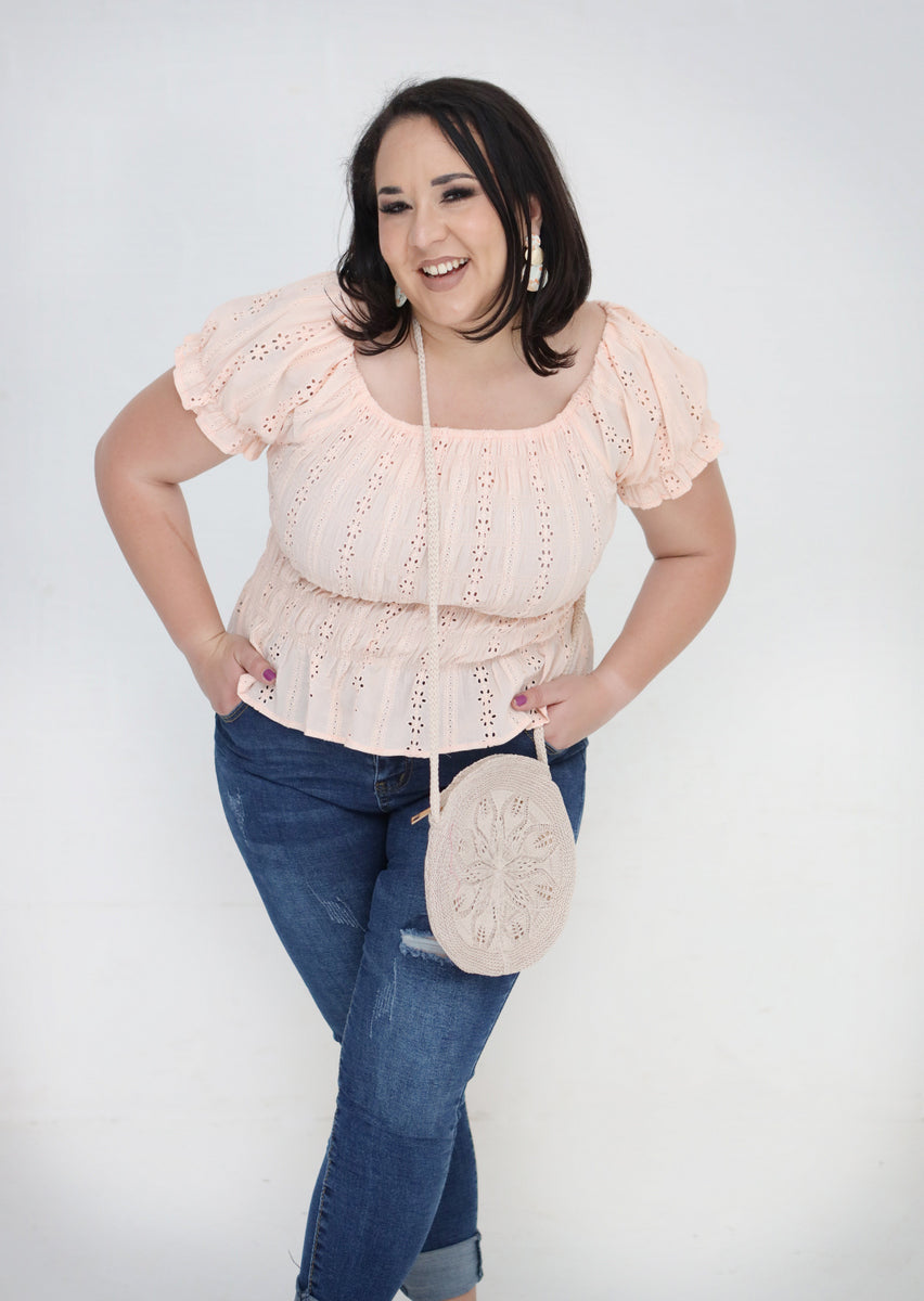 APRICOT EYELET PUFF SLEEVE CROP TOP